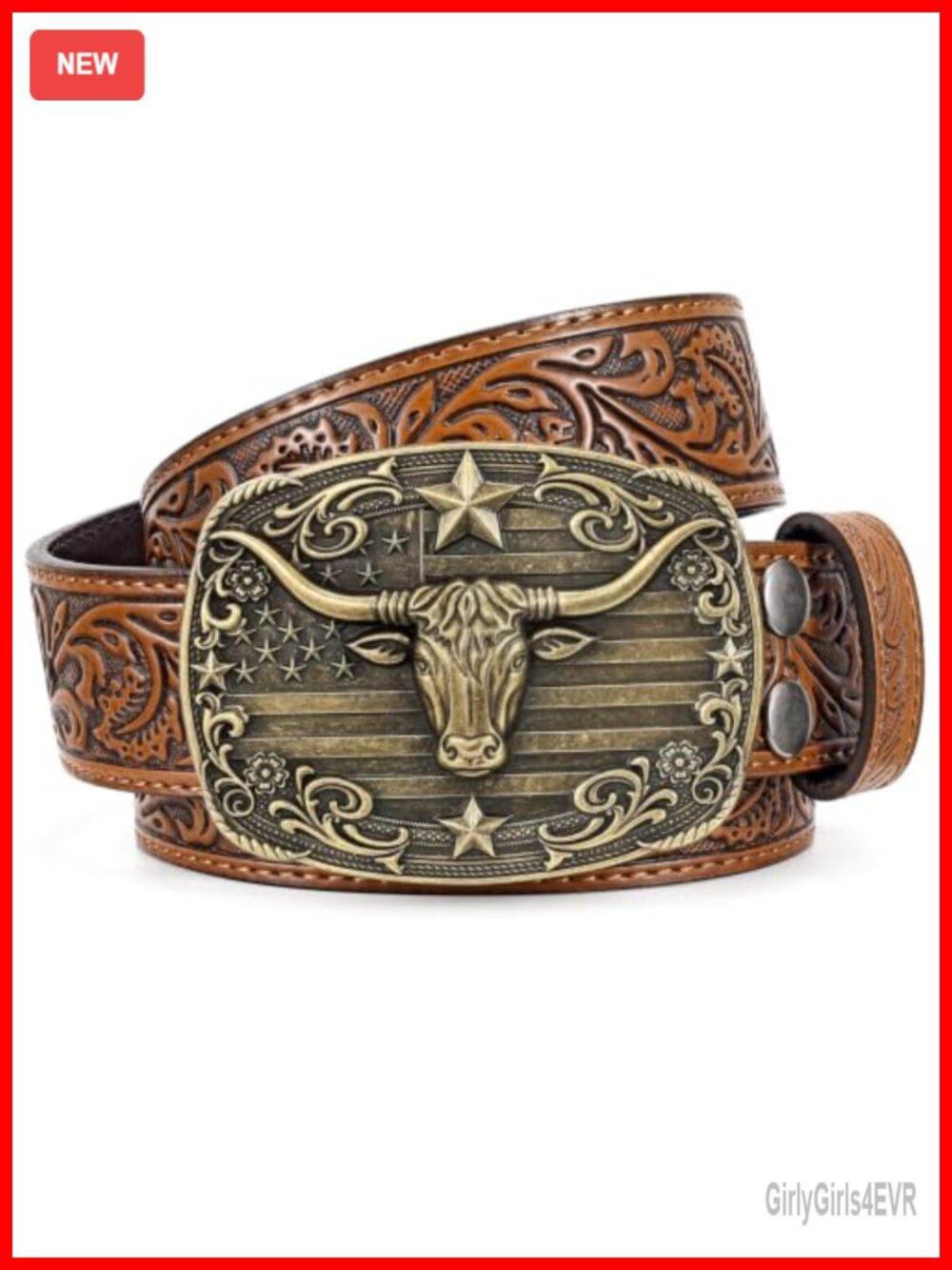 Embossed Leather Western Cowboy Belt with Longhorn Buckle